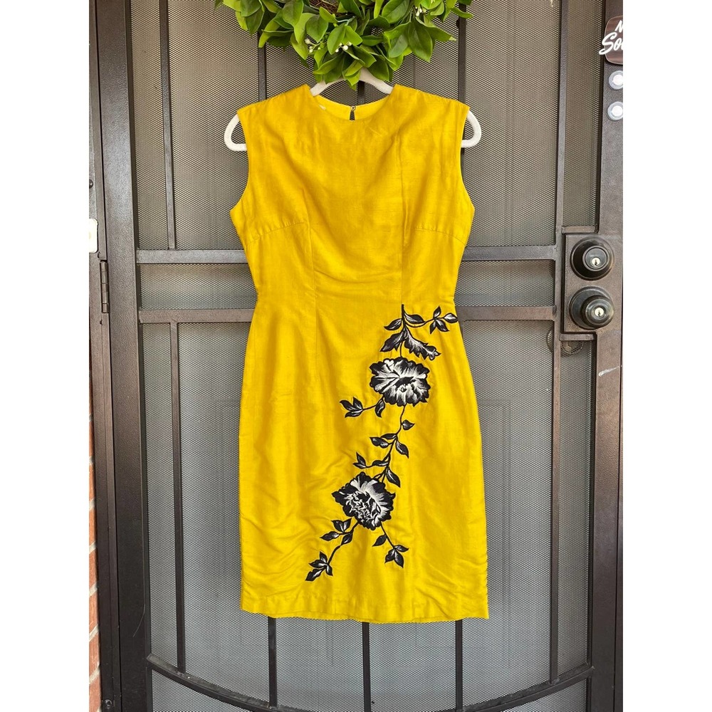 60s Yellow Sheath Dress with Floral Applique- Small